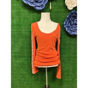 Free People Vibrant Orange Lace Sleeve Top